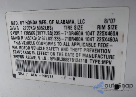 2007 Honda Odyssey Touring из США, поврежденный, VIN 5FNRL38887B124118